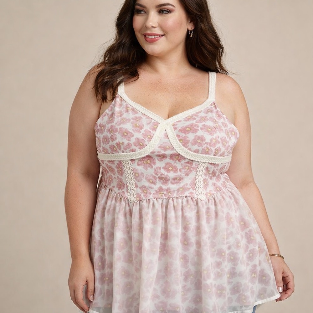 Pink Floral Babydoll Top Bustier Corset Style Sheer Overlay Romantic Boho SZ 3X